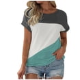 thumbnail image 1 of Scyoekwg Womens T Shirts Trendy Round Neck Regular Tshirt Short Sleeve T Shirts Comfy Lightweight Color Block Patchwork Graphic Tee Summer Casual Loose Blouses (Light Blue,L), 1 of 2