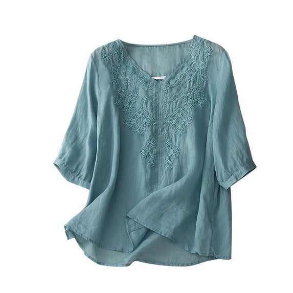 Scyoekwg Womens T Shirts Trendy V-Neck Vintage Cotton Linen Tunic Tops Short Sleeve T Shirts Summer Lightweight Solid Color Soft Comfy Casual Loose Blouses (Blue,XL)