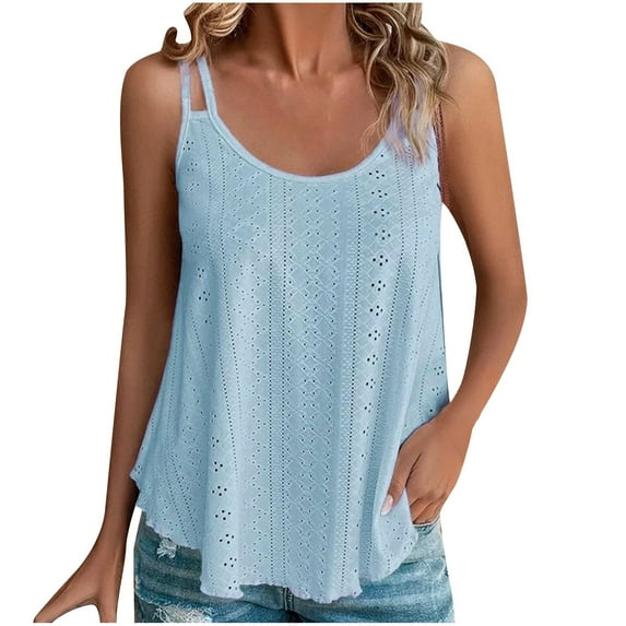 Scyoekwg Womens Tank Tops Basic Sling Camisole Casual Loose Summer Sleeveless Crew Neck Eyelet Pleated Tank Tops Solid Color Shirts (Light Blue,L)
