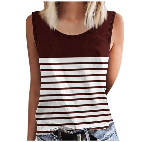 Scyoekwg Womens Tank Tops Crew Neck Basic Tank Tops Ladies Blouses Loose Lightweight Trendy Sleeveless T Shirts Color Block Patchwork Print Casual Comfy Blouses (Brown,S)