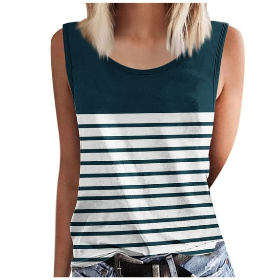 Scyoekwg Womens Tank Tops Crew Neck Basic Tank Tops Ladies Blouses Loose Lightweight Trendy Sleeveless T Shirts Color Block Patchwork Print Casual Comfy Blouses (Navy,L)