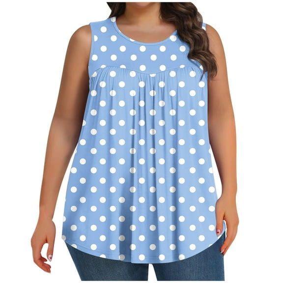 Scyoekwg Womens Tank Tops Crew Neck Pleated Plus Size Tops Loose Shirts Polka Dots Print Comfy Casual Summer Trendy Sleeveless T Shirts Tshirt Blouses (Light Blue,XXL)