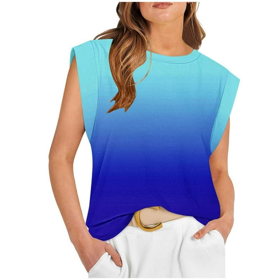 Scyoekwg Womens Tank Tops Crew Neck Tank Tops Ladies Tops Gradient Color Graphic Tee Casual Sleeveless Tops Summer Loose Sling Shirts Blouses (Dark Blue,L)
