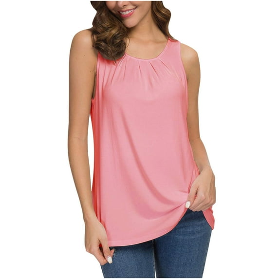 Scyoekwg Womens Tank Tops Solid Color Summer Casual Dressy Blouse Suspenders Sling Crewneck Pleated Tunic Tops Sleeveless Tank Tops Loose Shirts (Pink,XL)
