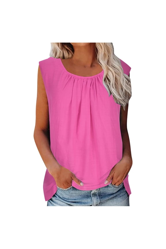 Womens Tank Tops Solid Color Suspenders Casual Dressy Blouse Summer Sling Crew Neck Sleeveless Tank Tops Loose Shirts (Hot Pink,L)