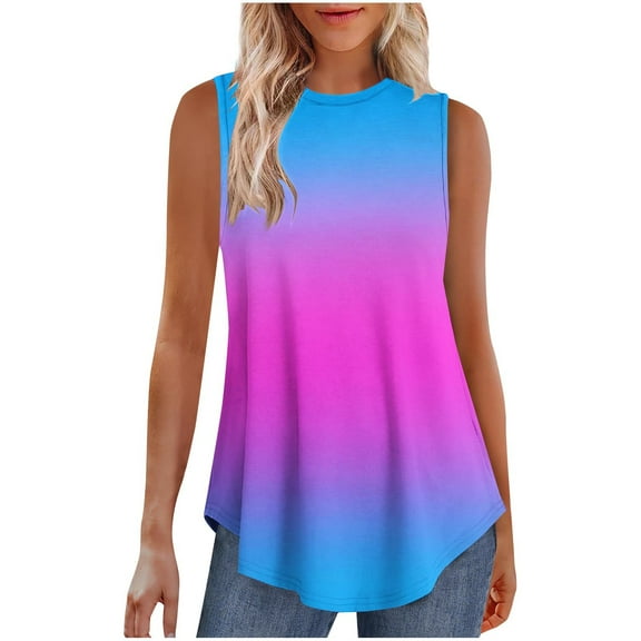 Scyoekwg Womens Tank Tops Summer T Shirts Sleeveless Casual Loose Tunic Blouses Crew Neck Pleated Tshirt Gradient Color Vacation Outfits (Blue,XL）