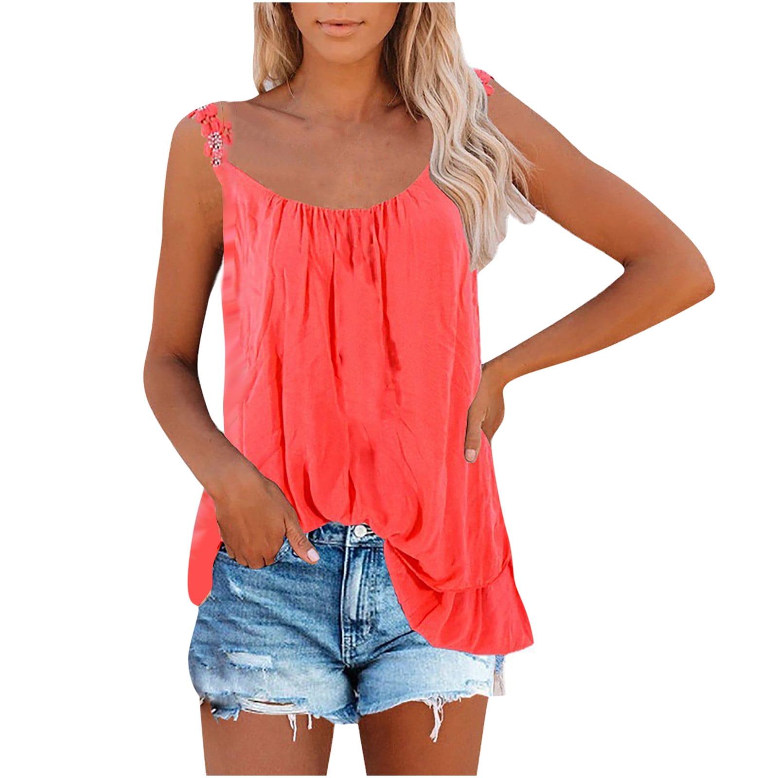 Scyoekwg Womens Tank Tops Summer Trendy Sleeveless Casual Relaxed Fit  Shirts Solid Color Tees Shirt Round Neck Lace Strap Double Panel Top Tops  Blouse