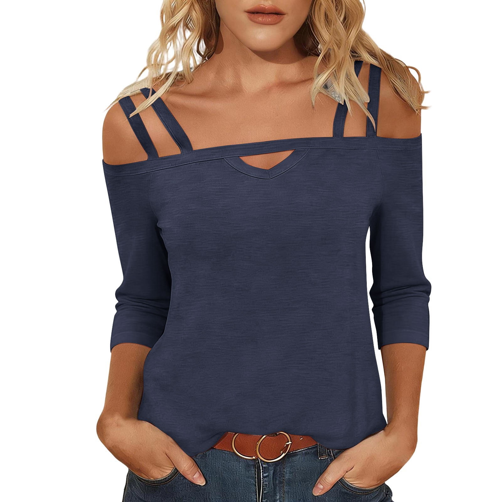 Scyoekwg Womens Tops 3/4 Length Sleeve Solid Color Cold Shoulder Tops ...