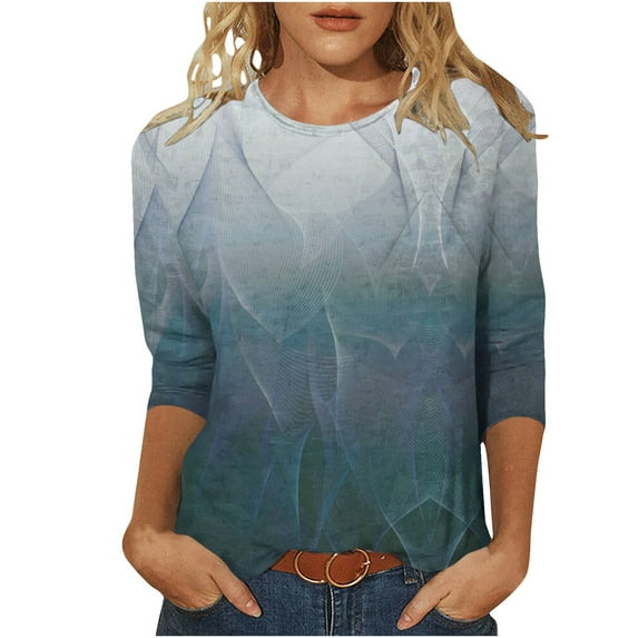 Scyoekwg Womens Tops 3/4 Sleeve Cewneck Three Quarter Length Sleeve Blouse Casual Lightweight Vintage Fashion Print Graphic Tee Loose Fall Clothes Blouses