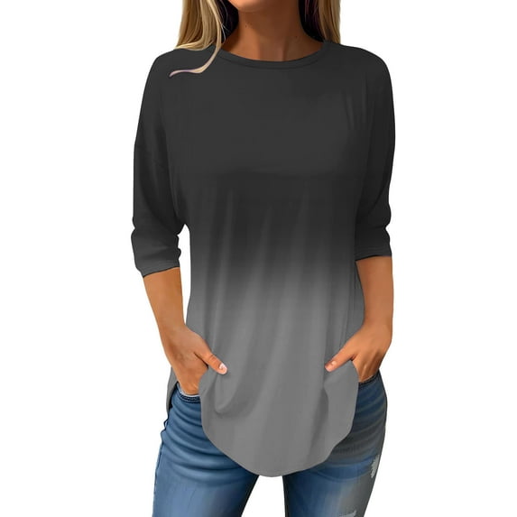 Scyoekwg Womens Tops 3/4 Sleeve Cewneck Three Quarter Length Sleeve Blouse Gradient Color Graphic Tee Fall Clothes Lightweight Casual Loose Vintage Blouses