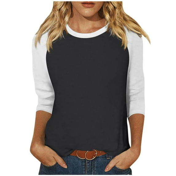 Scyoekwg Womens Tops 3/4 Sleeve Cewneck Three Quarter Length Sleeve Blouse Lightweight Color Block Patchwork Graphic Tee Loose Fall Clothes Blouses (Black,L)