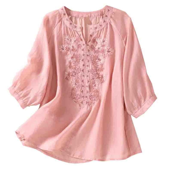 Scyoekwg Womens Tops 3/4 Sleeve Cewneck Three Quarter Length Sleeve Blouse Vintage Loose Lightweight Casual Solid Color Fall Clothes Pullover (Pink,L)