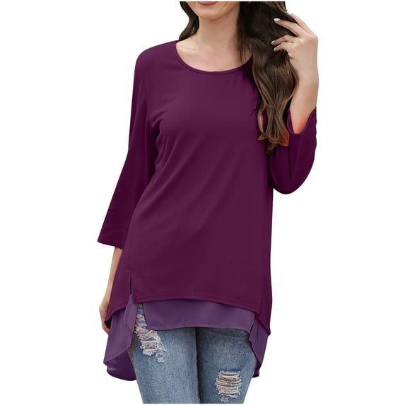 Scyoekwg Womens Tops 3/4 Sleeve Tunic Shirts Cewneck Double Layers Hem 3/4 Sleeve Shirt Lightweight Solid Color Fall Clothes Casual Loose Vintage Blouses