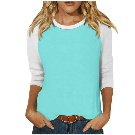 Scyoekwg Womens Tops 3/4 Sleeve Tunic Shirts Cewneck Three Quarter Length Sleeve Blouse Lightweight Color Block Patchwork Graphic Tee Vintage Casual Fall Clothes Loose Pullover