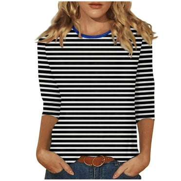 Scyoekwg Womens Tops 3/4 Sleeve Tunic Shirts Trendy Round Neck Three-Quarter Sleeve T-Shirt Striped Printed Graphic Tee Summer Comfy Casual Lightweight Loose Blouses (Black,XL)