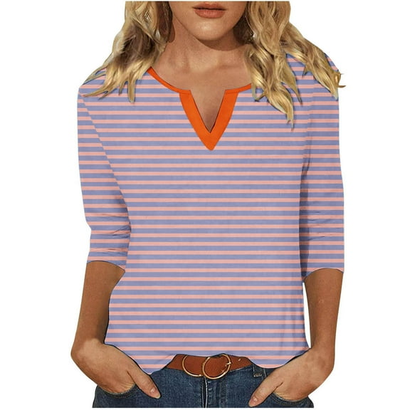 Scyoekwg Womens Tops 3/4 Sleeve V-Neck Three-quarter Sleeve Tshirt Loose Dressy Casual Blouses Vintage Fall Clothes Striped Printed Graphic Tops Fashion Pullover Tops(Pink,S)