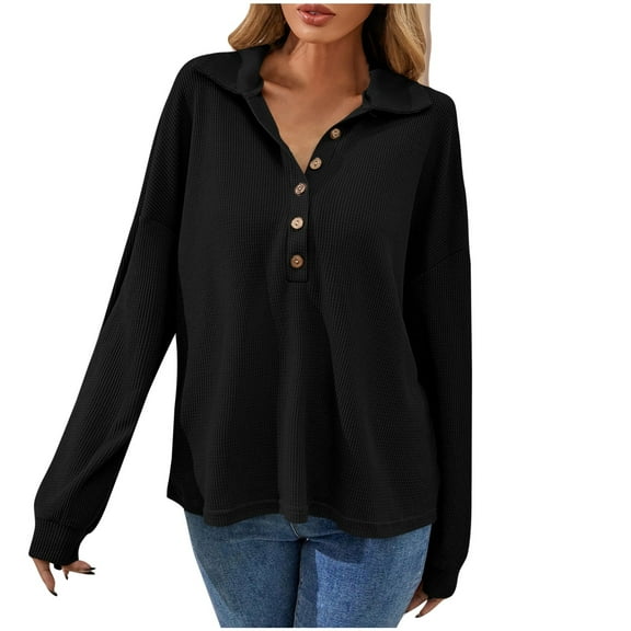 Scyoekwg Womens Tops Button Lapel Tunic Shirts Lightweight Loose Tshirt Long Sleeve Solid Color Tops for Women Trendy Dressy Casual Blouses (Black,M)
