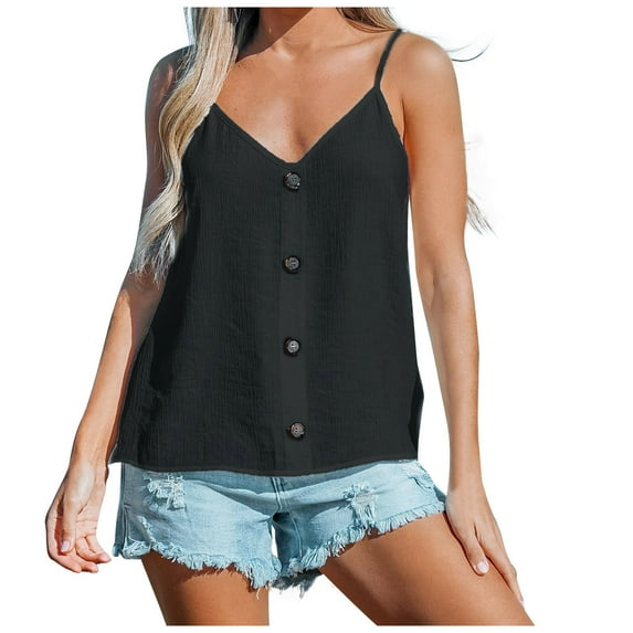 Scyoekwg Womens Tops Camisole Basic Sling V-Neck Button Spaghetti Strap Tank Tops Tank Tops Camisole Loose Sleeveless Summer Solid Color Casual Blouses (Black,XL)