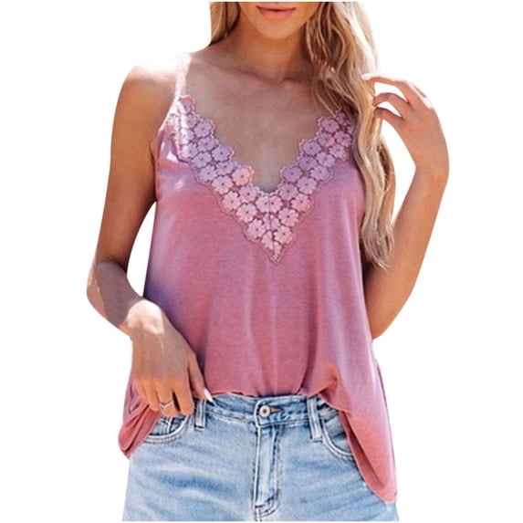 Scyoekwg Womens Tops Camisole Sleeveless Tank Tops Camisole Casual Summer Basic Sling Loose Solid Color V-Neck Lace Camisole T Shirts (Pink,S)