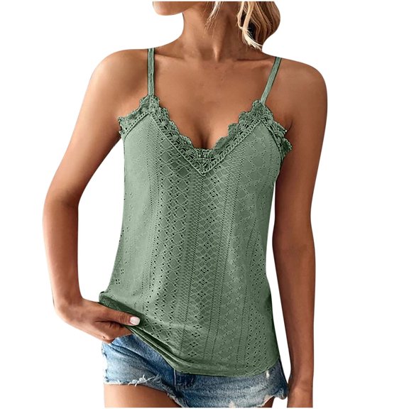 Scyoekwg Womens Tops Camisole V-Neck Eyelet Lace Tank Tops Camisole Summer Sleeveless Slim Solid Color Casual Basic Sling Blouses (Green,L)