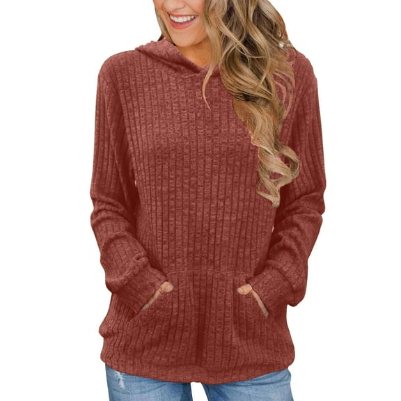 Scyoekwg Womens Tops Casual Hooded Brushed Knit Tunic Shirts with Pocket Tops for Women Trendy Loose Solid Color Lightweight Tshirt Long Sleeve Dressy Casual Blouse Pullover (Red,S)