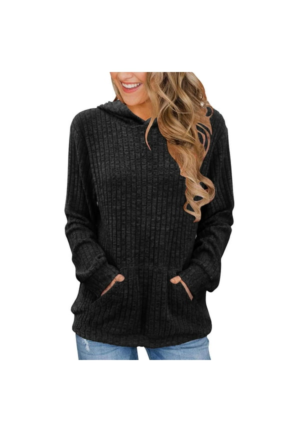 Womens Tops Casual Hooded Brushed Knit Tunic Shirts with Pocket Tops for Women Trendy Loose Solid Color Lightweight Tshirt Long Sleeve Dressy Casual Blouse Pullover (Black,XL)