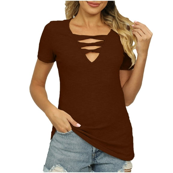 Scyoekwg Womens Tops Casual V-Neck Basic Shirts Tops for Women Trendy Short Sleeve Solid Color Dressy Casual Blouse Loose Lightweight Blouses (Coffee,XL)