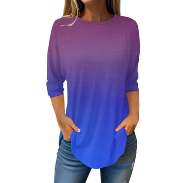 Scyoekwg Womens Tops Clearance 3/4 Sleeve Tunic Shirts Cewneck Three Quarter Length Sleeve Blouse Gradient Color Graphic Tee Fall Clothes Lightweight Casual Loose Vintage Pullover