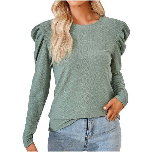 Scyoekwg Womens Tops Crew Neck Elegant Shirts Solid Color Dressy Casual Blouses Fall Tops Trendy Loose Long Sleeve T Shirts Lightweight Pullover (Green,S)