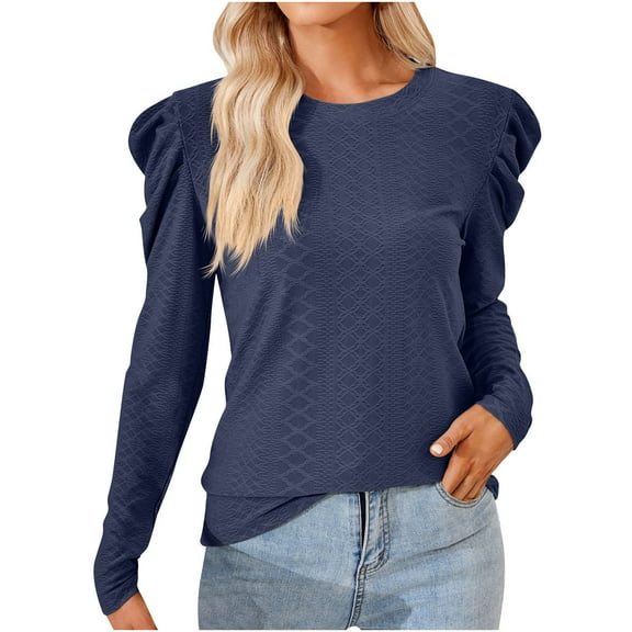 Scyoekwg Womens Tops Crew Neck Elegant Shirts Solid Color Dressy Casual Blouses Fall Tops Trendy Loose Long Sleeve T Shirts Lightweight Pullover (Navy,L)