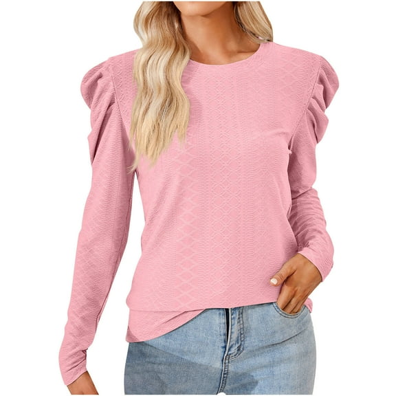 Scyoekwg Womens Tops Crew Neck Elegant Shirts Solid Color Dressy Casual Blouses Fall Tops Trendy Loose Long Sleeve T Shirts Lightweight Pullover (Pink,S)