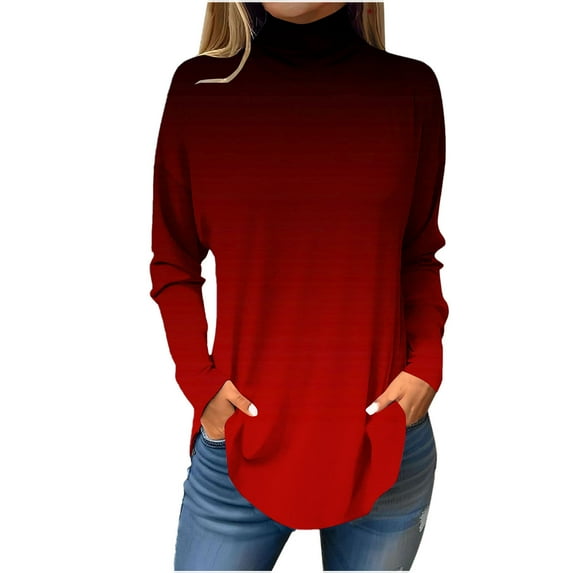 Scyoekwg Womens Tops Dressy Casual Fall High Neck Basic Dressy Tunic Shirts Long Sleeve Tops Gradient Color Graphic Tee Fall Clothes Comfy Loose Vintage Lightweight Pullover