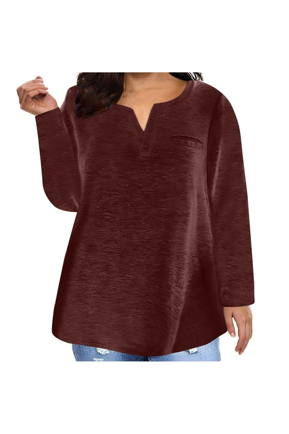 Womens Tops Dressy Casual Fall Shirts Loose Solid Color V-Neck Plus Size Tops Tunic Shirts Long Sleeve Pullover Tops Trendy Comfy Clothes for Women Blouses(Wine,XXXL)