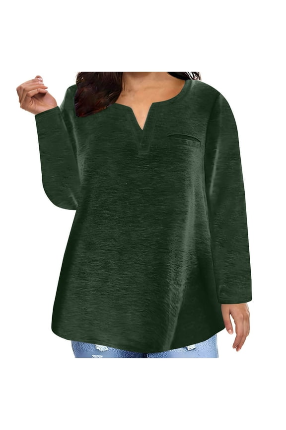 Womens Tops Dressy Casual Fall Shirts Loose Solid Color V-Neck Plus Size Tops Tunic Shirts Long Sleeve Pullover Tops Trendy Comfy Clothes for Women Blouses(Army Green,M)