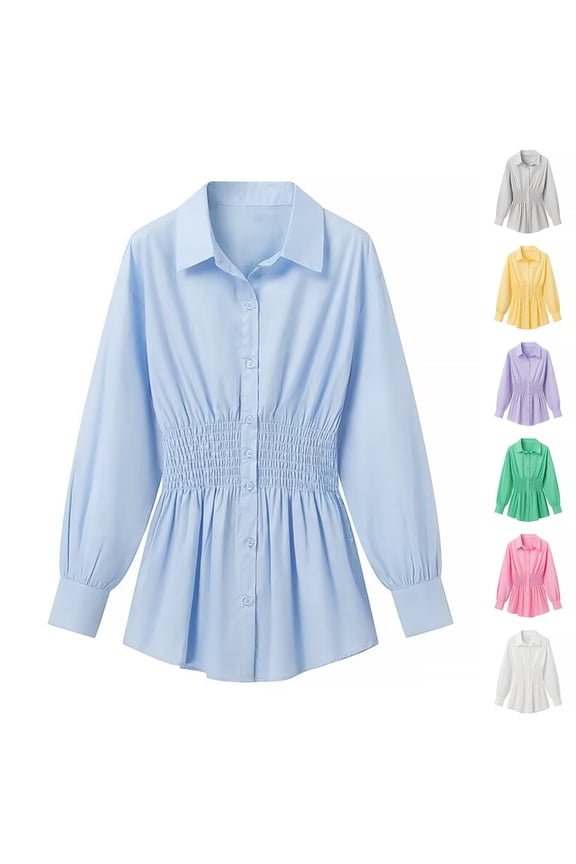 Womens Tops Dressy Casual Lapel Button Shirts Solid Color Long Sleeve Tops Lightweight Waist Pleated Tunic Tops Blouses (Blue,S)