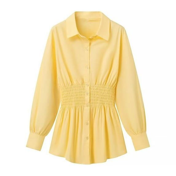 Scyoekwg Womens Tops Dressy Casual Lapel Button Shirts Solid Color Long Sleeve Tops Lightweight Waist Pleated Tunic Tops Blouses (Yellow,M)