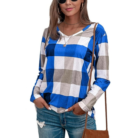 Scyoekwg Womens Tops Dressy Casual Long Sleeve Shirts Ladies Tops Lightweight Soft Tunic Tops Fall Tops Pullover V Neck Lattice Printed Casual Loose Fit Blouses Blue M