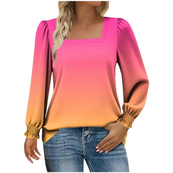 Scyoekwg Womens Tops Dressy Casual Long Sleeve Square Neck Top Fall Fashion Gradient Graphic Tops Casual Stretchy Pullover (Hot Pink,L)