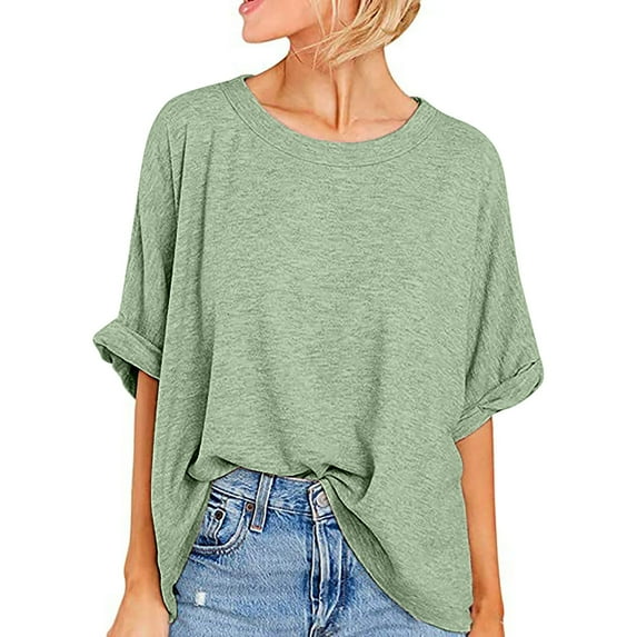 Scyoekwg Womens Tops Dressy Casual Loose Blouses Solid Color Short Sleeve Tops Comfy Crewneck Basic Tops Summer Ladies Tops (Mint Green,L)