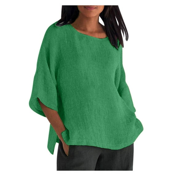 Scyoekwg Womens Tops Dressy Casual Plus Size Round Neck Three-Quarter Sleeve T-Shirt Loose Comfy Solid Color Short Sleeve T Shirts Comfy Lightweight Summer Blouses (Green,XXXXXL)