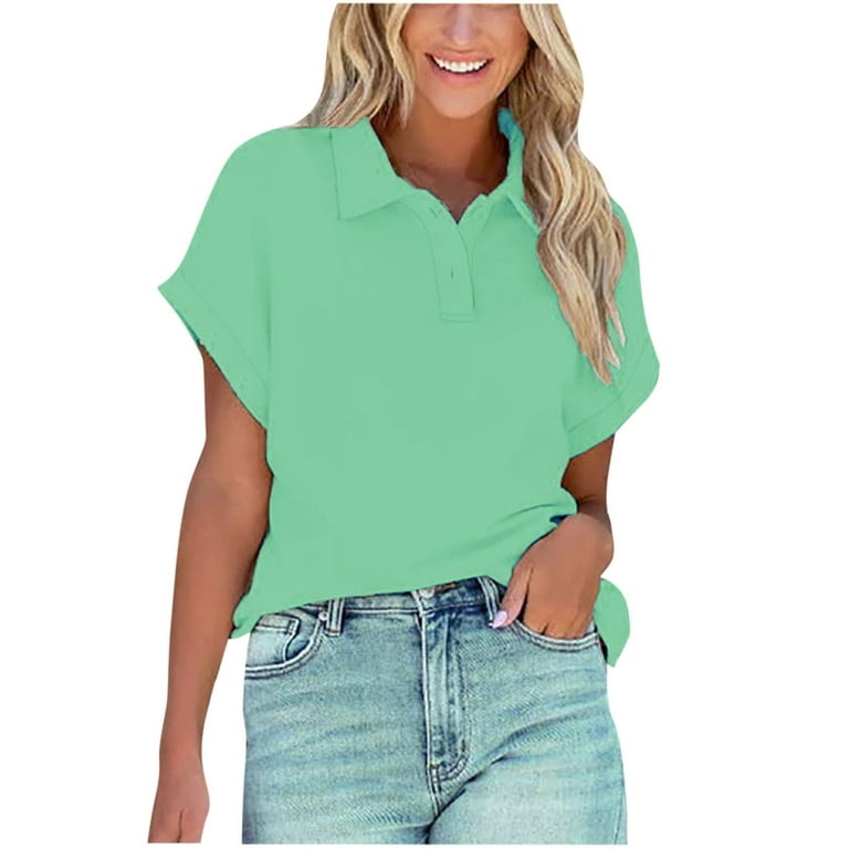 Scyoekwg Womens Tops Dressy Casual Short Sleeve Blouse Clearance LapeL Roll  Up Sleeve Solid Color Plus Size Trendy Summer Relaxed Fit Tees Shirts  Casual Basic Tee Green XXXXL(16) 