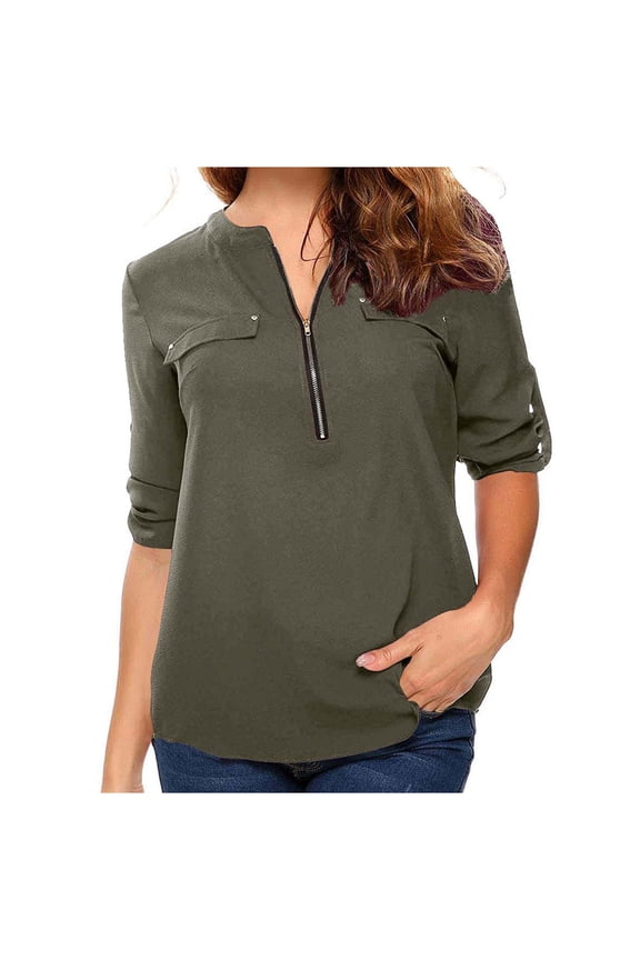 Womens Tops Dressy Casual Short Sleeve Tops Lightweight Summer Zip V-Neck Rollable T Shirts Solid Color Comfy Blouses Army Green M(6)