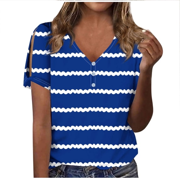 Scyoekwg Womens Tops Dressy Casual Short Sleeve Tops V-Neck Regular T-shirt Summer Loose Ladies Tops Stripe Printed Graphic Tee Comfy Blouses (Blue,XL)