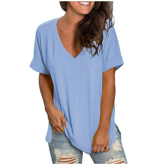Scyoekwg Womens Tops Dressy Casual V-Neck Basic Tops Short Sleeve T Shirts Trendy Solid Color Summer Loose Blouses Ladies Tops (Light Blue,L)
