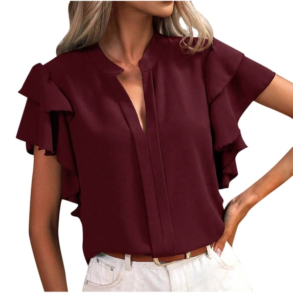 Scyoekwg Womens Tops Dressy Casual V-Neck Double-Layer Ruffle Sleeve Elegant Shirt Solid Color Comfy Loose Lightweight Trendy Short Sleeve T Shirts Ladies Blouses (Wine,XXL)