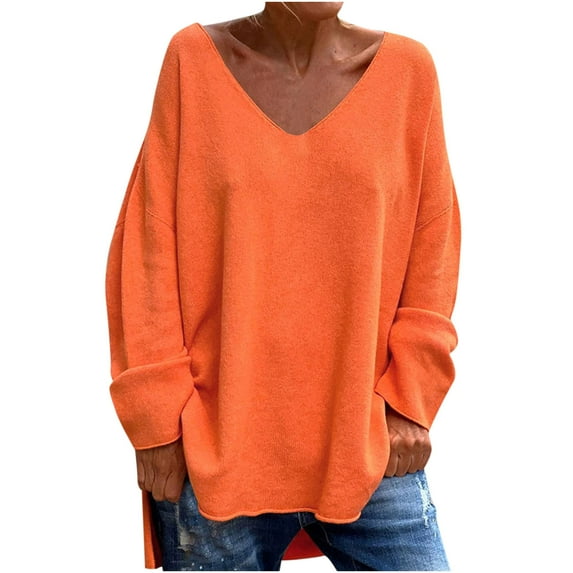 Scyoekwg Womens Tops Dressy Casual V-Neck Irregular Shirts Long Sleeve Solid Color Tops for Women Trendy Loose Lightweight Tshirt Blouses (Orange,XL)