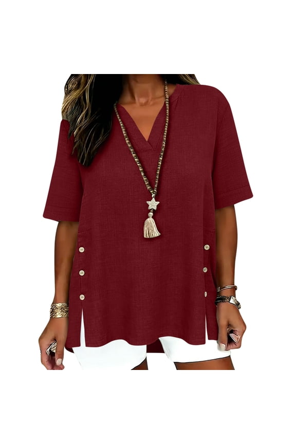 Womens Tops Dressy Casual V-Neck Summer Button Hem Asymmetrical Top Loose Fit Trendy Clothes Solid Color Short Sleeve Top Wine ,XXL
