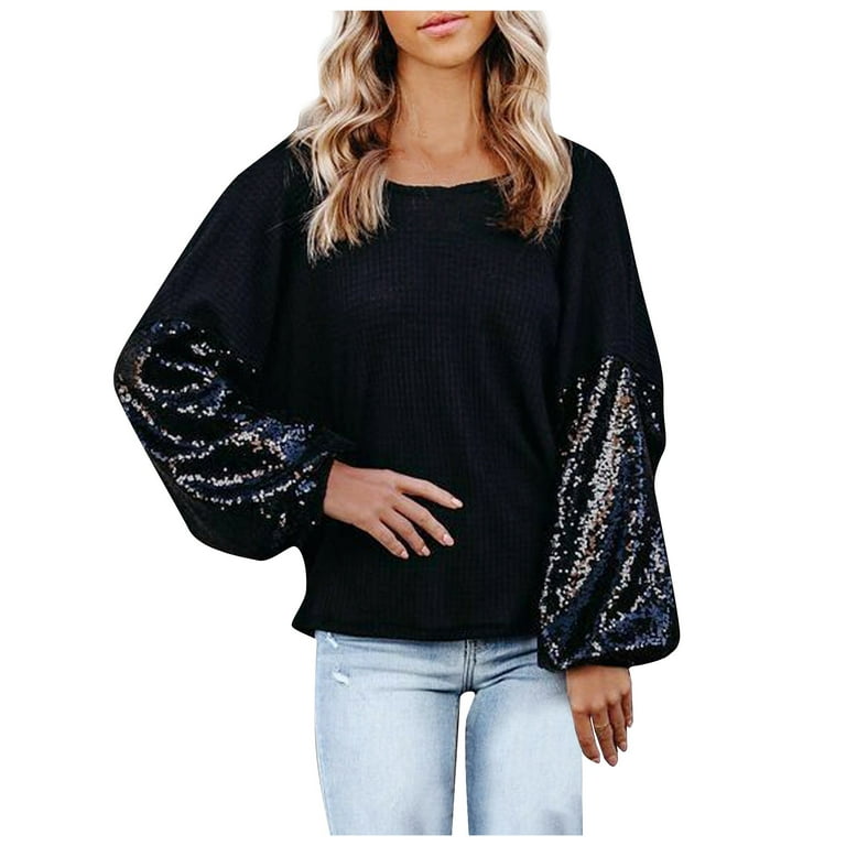 Scyoekwg Womens Tops Fall Long Sleeve Shirts Classic Solid Color Pullover Going  Out Tops Fall Clothes Casual Tops Loose Fit Blouses Lightweight Tunic Tops  Round Neck Sequin 