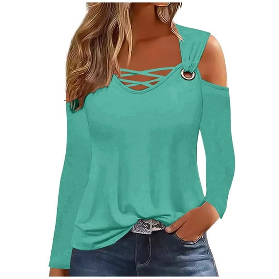 Scyoekwg Womens Tops Fall Loose Trendy Dressy Casual Comfy Clothes for Women Solid Color V-Neck Cold Shoulder Tops Long Sleeve Pullover Tops Blouses(Green,L)