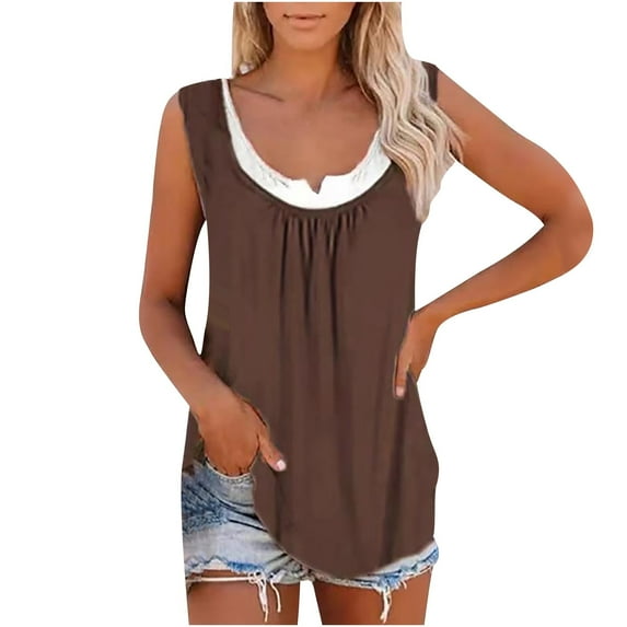 Scyoekwg Womens Tops Fashion Tank Top Crewneck Pleated Tunic Tops Summer Loose Sling Casual Dressy Blouse Sleeveless Tank Tops Solid Color Suspenders T Shirts (Brown,XL)